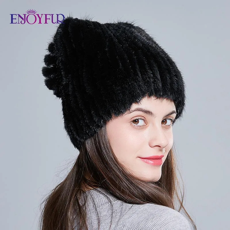ENJOYFUR Женские Вязаные норковые меховые шапки для зимы женские теплые меховые шапки из натуральной норки модные меховые шапки с бантом - Цвет: 01