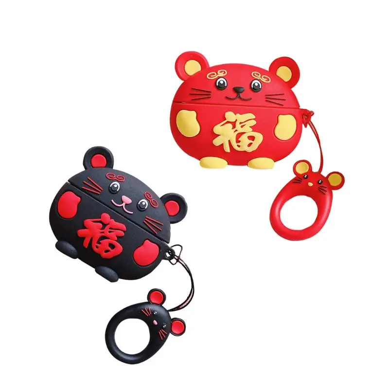 

Silicone Earphone Case New Year Mouse Protective Cover Lanyard for Airpods Pro
