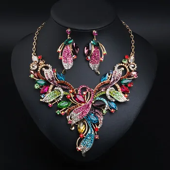 

LADIES JEWELRY SET EUROPEAN AMERICAN EXAGGERATED PAINTING OIL CRYSTAL RHINESTONE NECKLACE EARRING BRIDAL PARTY DRESS ACCESSORIES
