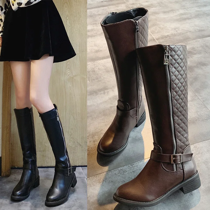 

Europe And America New Style Mid-length plus Velvet Biker Boots Low Heel Boots round-Toe Side Zipper Belt Buckle Winter Boots Ri