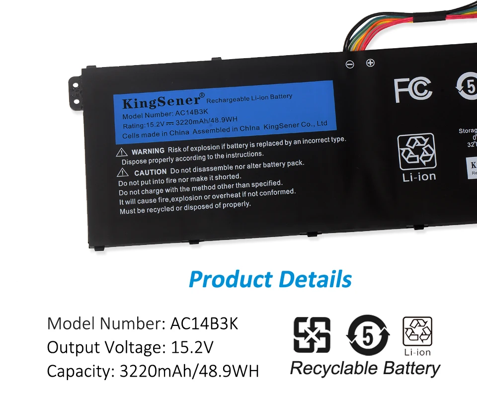 Kingsener-bateria do Portátil Acer Aspire Ac14b3k R5571t R5-571tg S14 Cb3-511 Swift Sf314-51 r 11 R3131t S14 15.2v 3220mah - Imagem 6