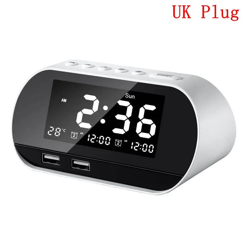 UK Plug white Светодиодный цифровой будильник, радио с fm-радио, большой ЖК-дисплей, календарь, температурный дисплей, повтор, часы с двумя usb-портами для зарядного устройства - Цвет: UK Plug white