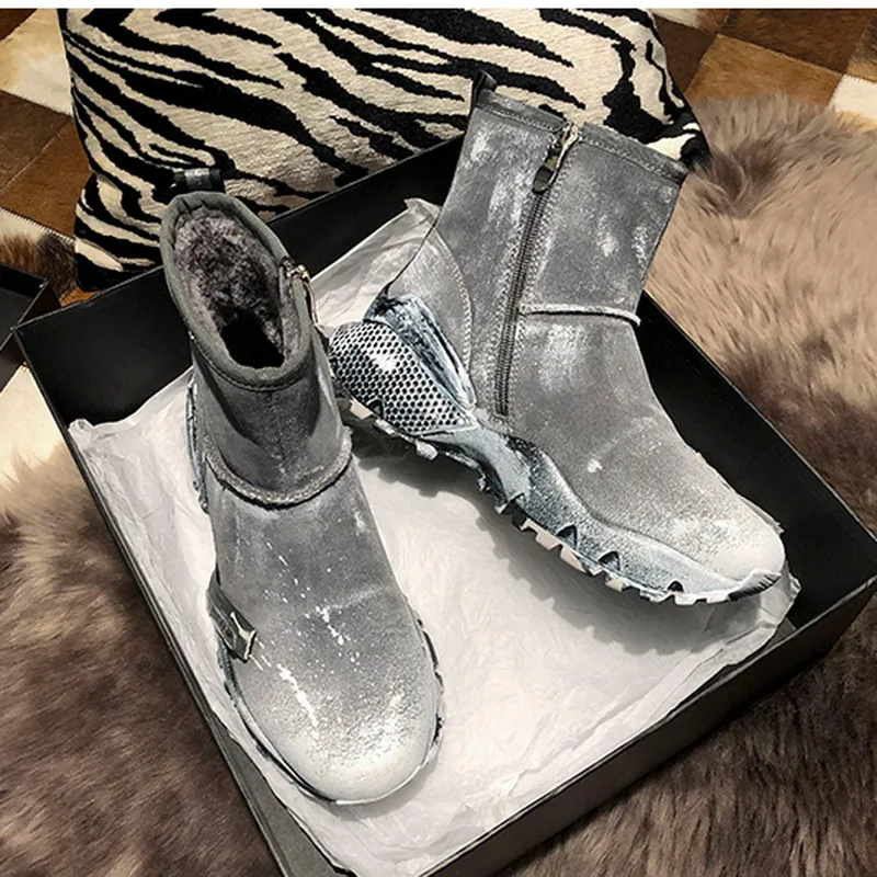 

Dirty Made Greyish Leather Snow Boots Chunky Sole Popular Dady Shoes Winter Women's Punk Style Short Boots Fur Shoes Women