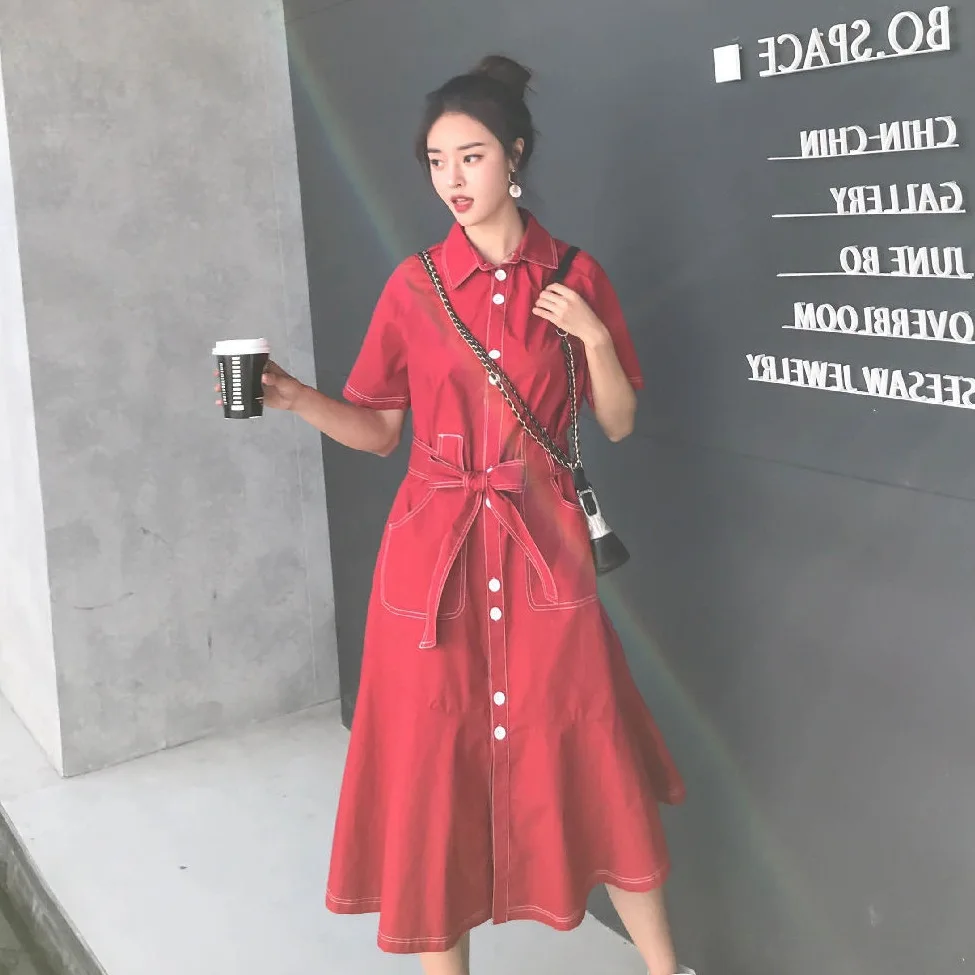 

Photo Shoot CHIC Sense of Design Elegant Ol Red Open Wire Contrast Color Fold-down Collar Single Breasted Fishtail Flounced Dres