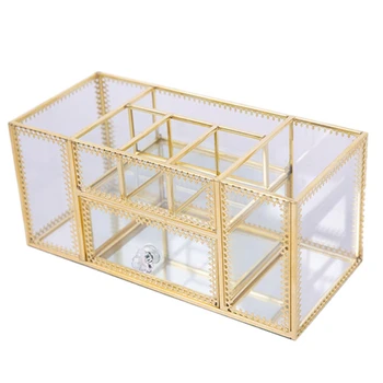 

Brass Glass Makeup Brush Bucket Nordic Style Cosmetic Lipstick Comb Eyebrow Storage Control Holder Desktop Organizer