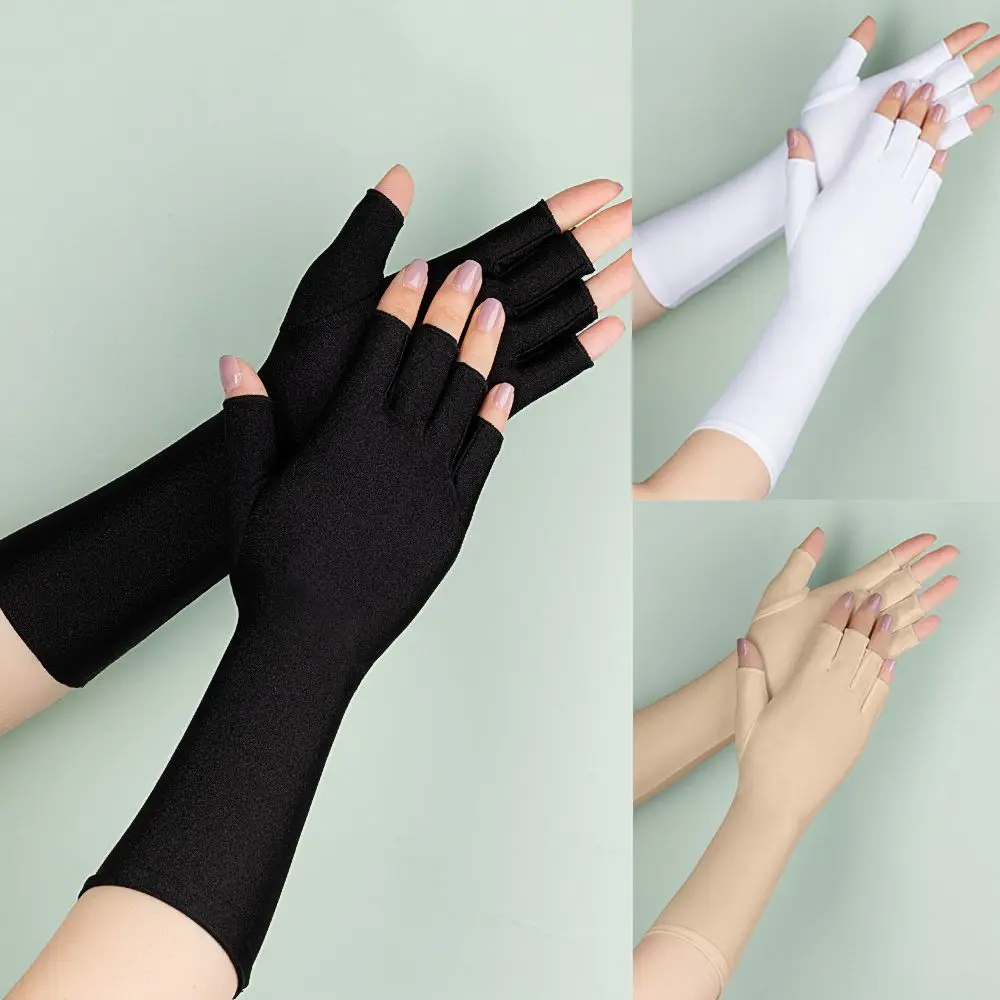 1Pair Sunscreen Protection Fingerless Long Gloves Women Arm Cool Summer Solid Mittens Half Finger Sleeves Black White Nude fingerless gloves