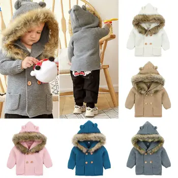 

Baby Coat Boy Girl Knitted Fur Collar Cardigans Ear Hat Hoodies Outwear Coat Winter Warm Jacket Clothes Outfit 0-24M