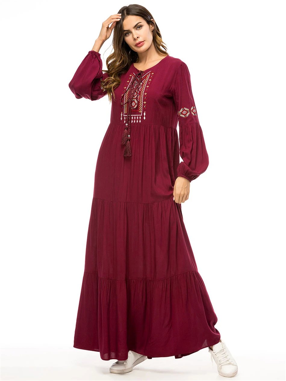 Мусульманская одежда для женщин abaya Дубай одноцветное с длинным рукавом красное традиционное мусульманское модное платье Арабские Дамы Кафтан платья