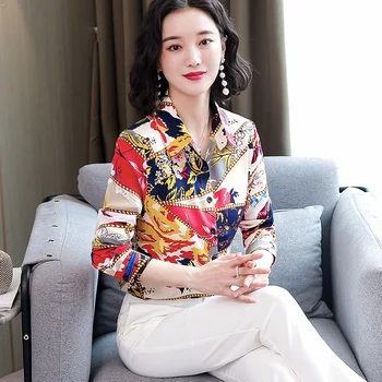 

COIGARSAM Fashion Full Sleeve Shirt Womens tops New Spring Floral Print Chiffon Loose Women shirts Red Green 0221
