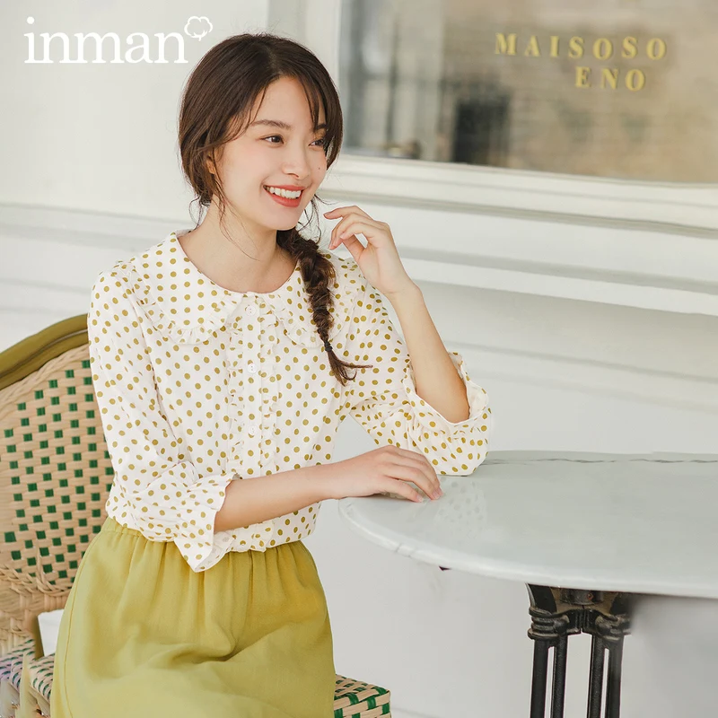  INMAN 2020 Spring New Arrival Literary Doll Colar Lace Age-reducing Wave Point Loode Medium Sleeve 