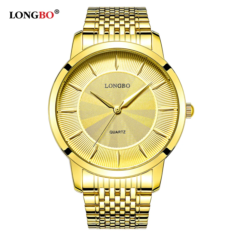 Gold Men Кварцевые часы LONGBO, часы для влюбленных, подарки, пара аналоговых часов, стальные деловые наручные часы, женские модные повседневные часы 80283 - Цвет: Gold Men