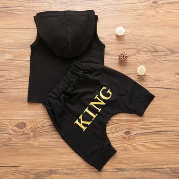 

New Summer Baby Boy's Sleeveless Tops Trousers Two-Piece Kit Kids Letter Print Hooded Sweater Long Pants Outfit 0-3T