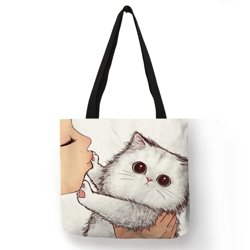 thumbnail image 1 of Bolso de mano informal con estampado divertido de gato besándose, bolso de tela de lino ecológico para mujer, bolso de compras grande reutilizable para playa al aire libre, 1 of 5