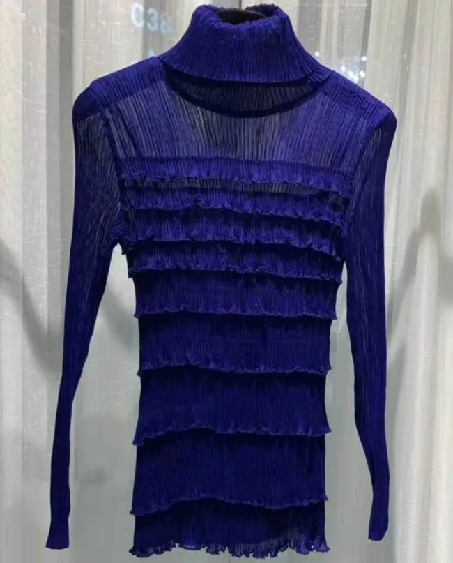 Горячая Miyake fold длинный рукав ремонт водолазка Твердые оборки тонкая футболка - Цвет: Синий