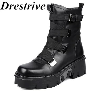 

Drestrive Black Mid Heels Cow Leather 2020 Autumn Women's Ankle Boots Platform Buckle Round Toe Zipper Cross Tied Non Slip