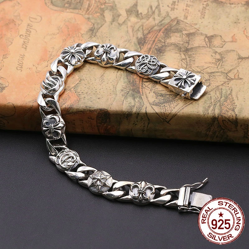 

S925 sterling silver men's bracelet personality fashion classic jewelry punk style ball anchor cross shape 2018 new gift to send