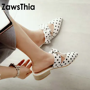 

ZawsThia 2020 summer canvas polka dot cute girl square low heels slip-on shoes woman sandals outdoor women slippers slides mules