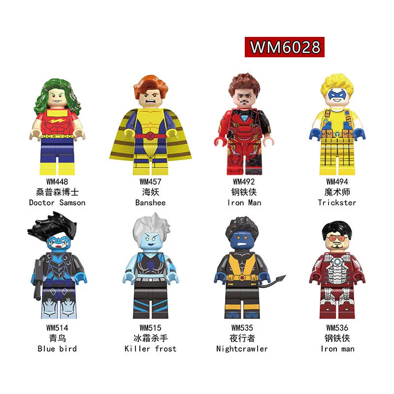 

8pcs Set Super Heroes HellBoy Joker Metallo Stripper Thuderbolts The Mask Fixer Cage Blade Building Blocks Children Toys