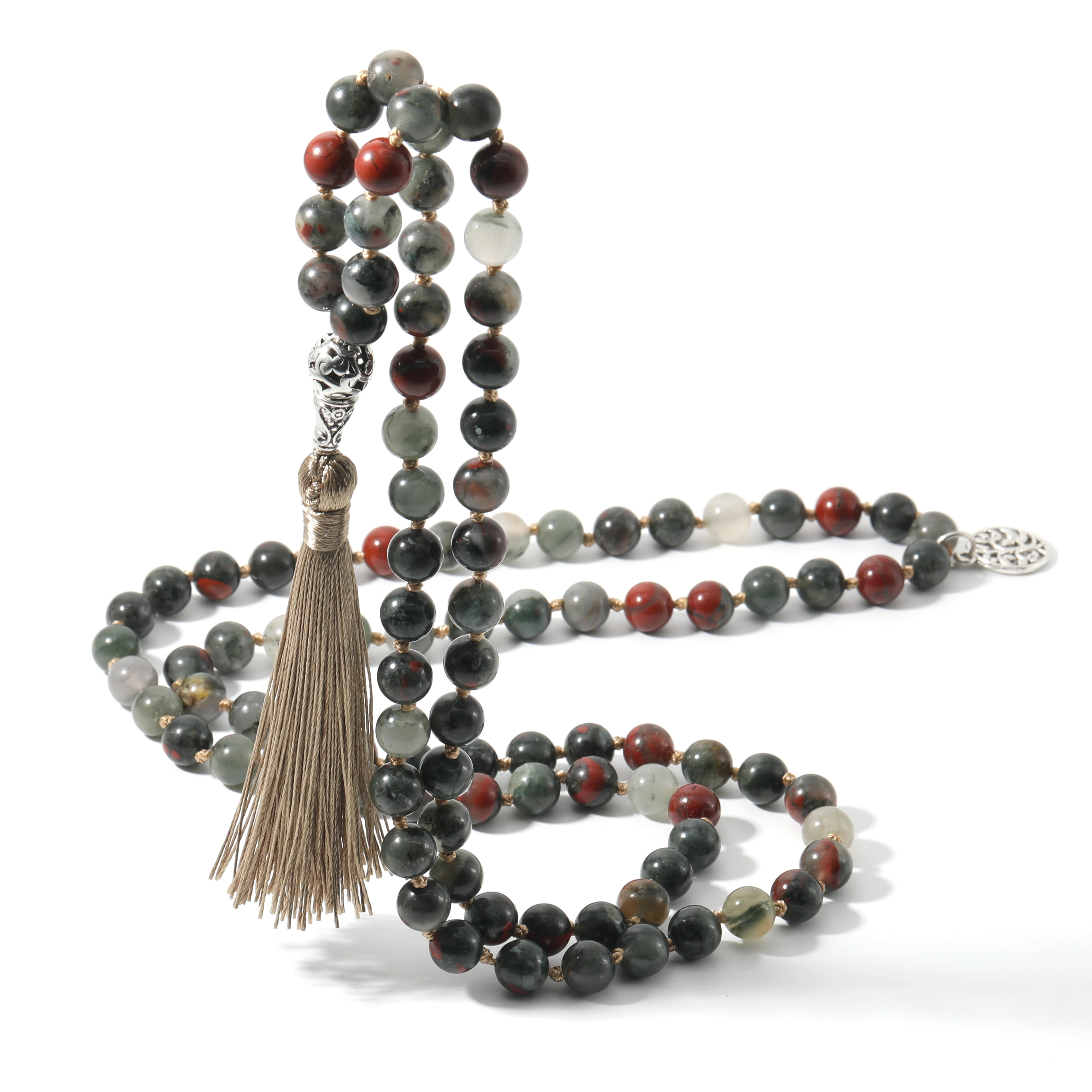 Natural Bloodstone 108 Mala Beaded Knotted Necklace Semi-Precious Meditation Yoga Japamala Jewelry with Tree of Life Pendant