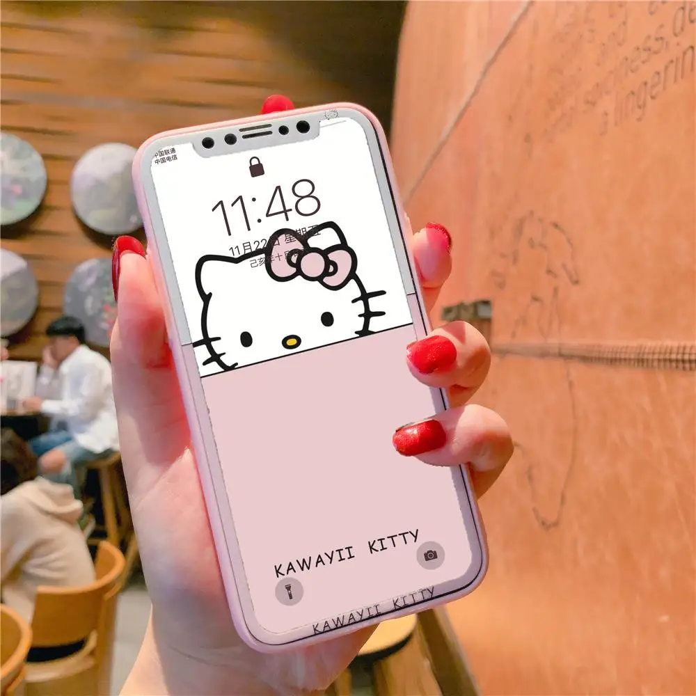 Закаленное стекло Hello kitty из двух частей чехол для телефона для iphone 11 Pro Max 6 6splus 7 8 plus X XR XS MAX аниме закаленное покрытие