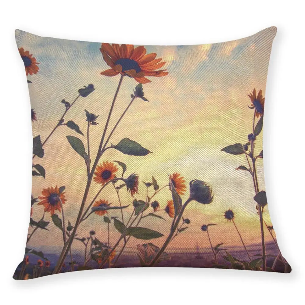 

45cm Square Decorative Pillow Cover Linen /Cotton Living Room Decoration Cushion Cover Sunflower Printed Throw Pillows
