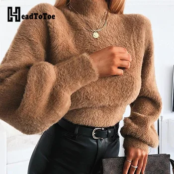 

Solid Lantern Sleeve Casual Blouse Women Autumn Winter Plush Blouse Tops