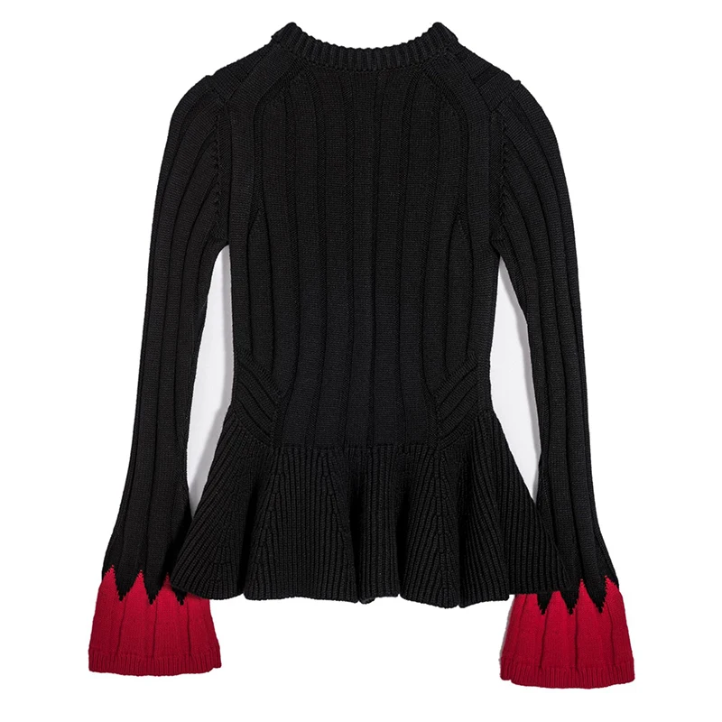 Patchwork Hit Colors Knitting Cardigan Female Flare Long Sleeve Ruffle Hem Sweater Women Elegant Casual Clothing Women Sweaters