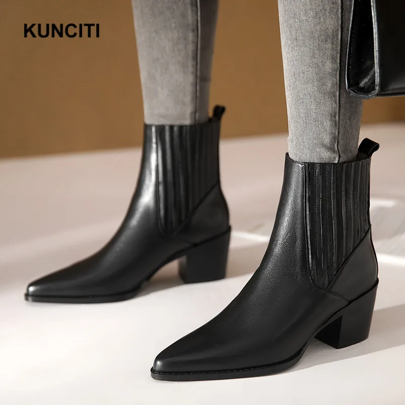 KUNCITI/; ботильоны на высоком каблуке; женские короткие ботиночки из натуральной кожи; модные эластичные ботинки «Челси» с острым носком; D9210