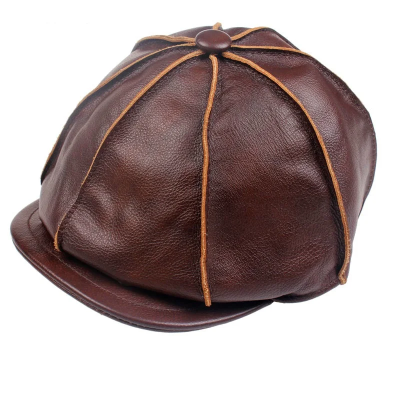 

casual genuine leather hat genuine leather cowhide male cap octagonal cap painter cap winter warm hat