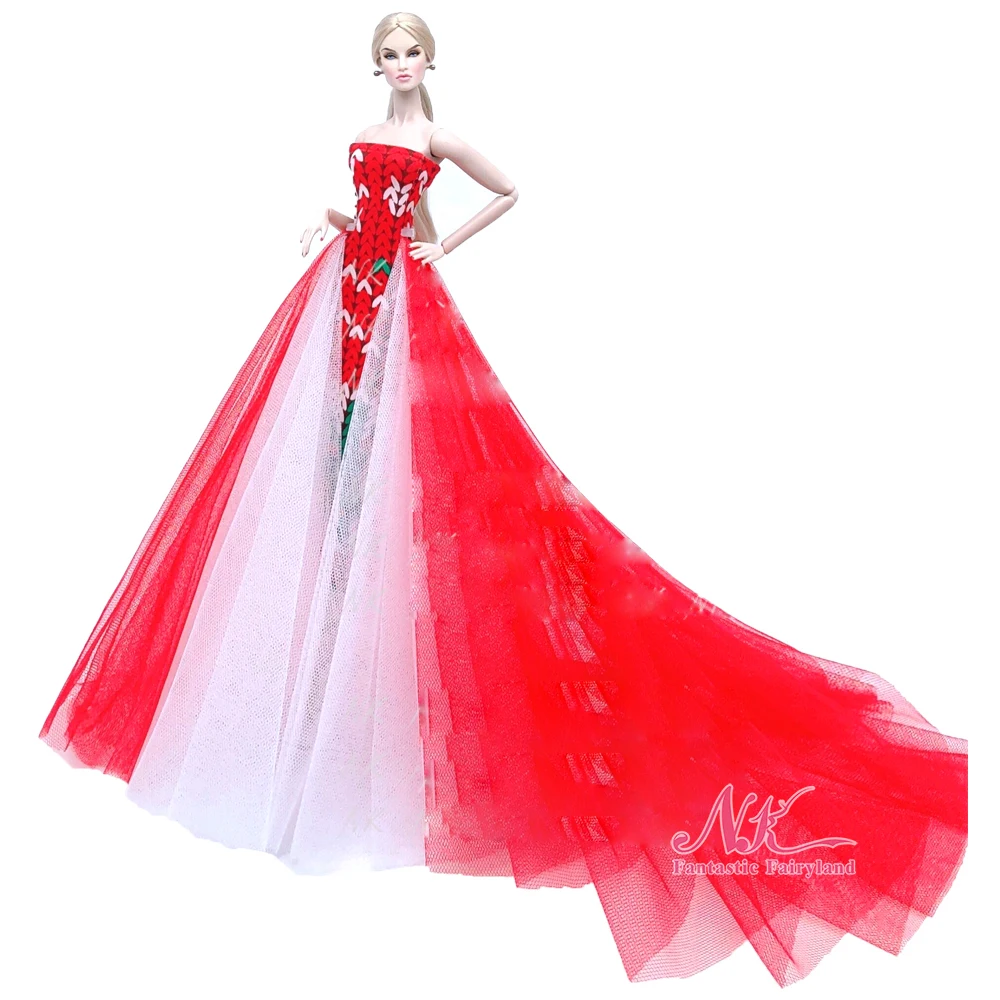1 Pz Bambola Abito Da Sposa Rosso Coda Lunga Vestiti Pizzo Sera Principessa Vestito Per Barbie Bambola Abbigliamento Dream House Accessori