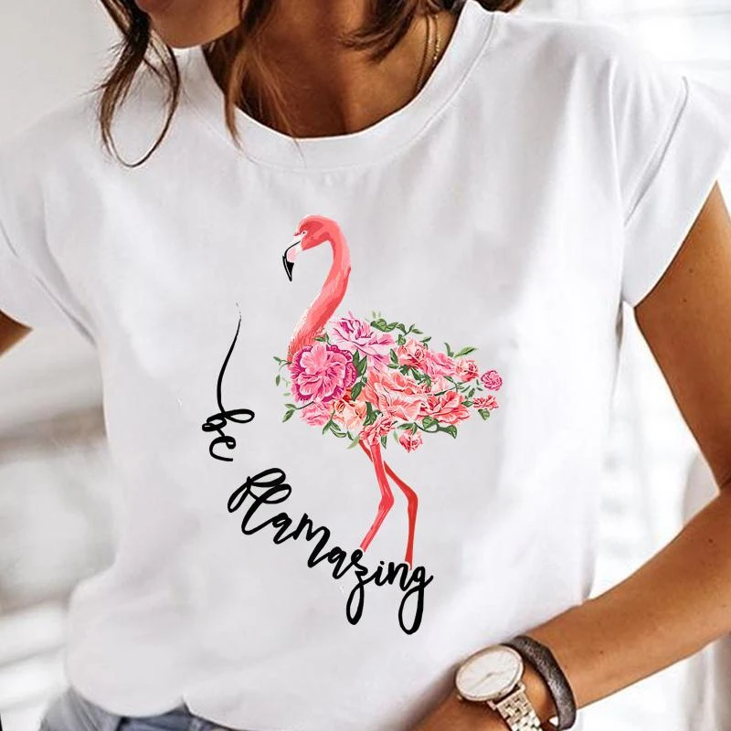 Camiseta estampado de flamenco y flores para mujer, ropa elegante con estampado dibujos animados, Camisetas estampadas mujer, ropa de moda, camiseta de manga corta para mujer|Camisetas| - AliExpress