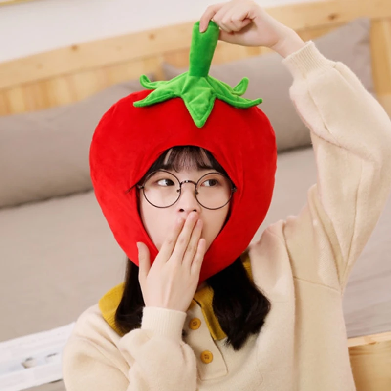 Lovely Tomato Shape Plush Hat Funny Fruit Stuffed Toys Headgear Warm Earflap Cap Performance Cosplay Party Photo Props 2
