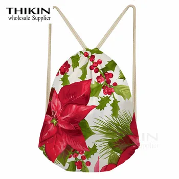 

THIKIN Christmas Flower Print Female Daily Drawstring Backpack Bags Teenager High-Quality School Girls Shoulder Bag Travel Pouch