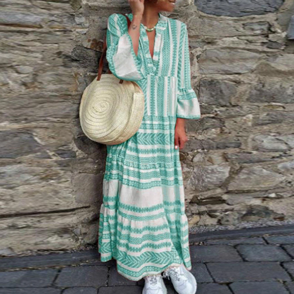 New Floor Length Dress Fashion Women Printed V Neck Dresses Beach Party Bohemian Dresses Holiday Dress Girls Ladies 805