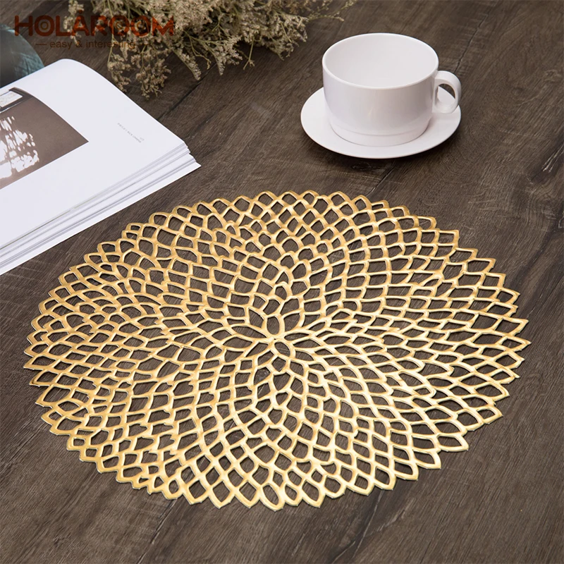 

Holaroom Flower Pattern Western Food Mat Practical PVC Bronzing Hollow Mats Table Decor Cushion Non-Slip Heat-insulated Placemat