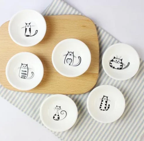 Cat Sauce Dish Ceramics Mini Plate Dinner Tray Cartoon Dish Creative Cute Cat Small Saucer Shape Creative Snack Plate 6pcs/1PC