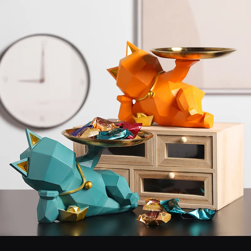 Cute Geometry Fatty Cat Statue Tray Resin Modern Home Decor Snack Keys Organizer Lucky Wealth Figurines Office | Дом и сад