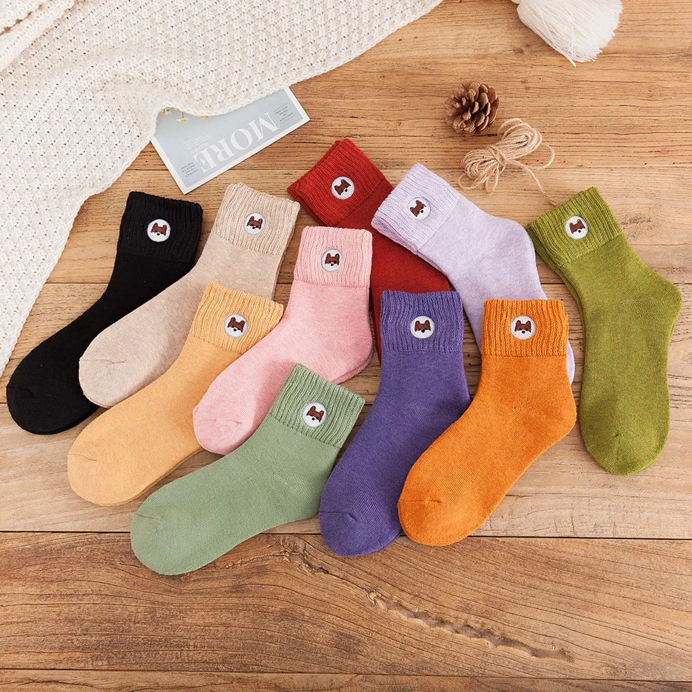 5-color combination Женские зимние толстые теплые цветные модные шерстяные носки высококачественные повседневные хлопковые носки с вышитыми животными из мультфильмов 5 пар - Цвет: 5-color combination