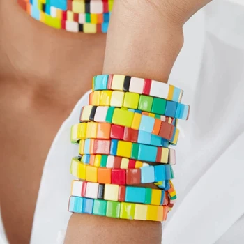 

KELITCH Colorful Cute Rainbow Enamel Tile Beaded Stretch Bracelets Handmade Nice Alloy Beads Stacking Cuff Bangles for Summer