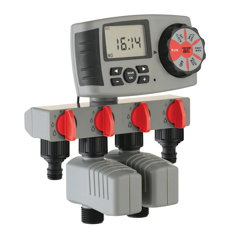 Автоматический 4 зонный таймер полива сада с 2 соленоидными клапанами|water timer|garden