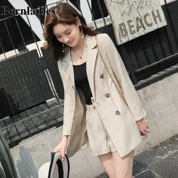 

Bornladies New Arrival Long Sleeve Notched Double Breasted Casual Streetwear Blazer + Short 2 Pieces Women Work Office Suits
