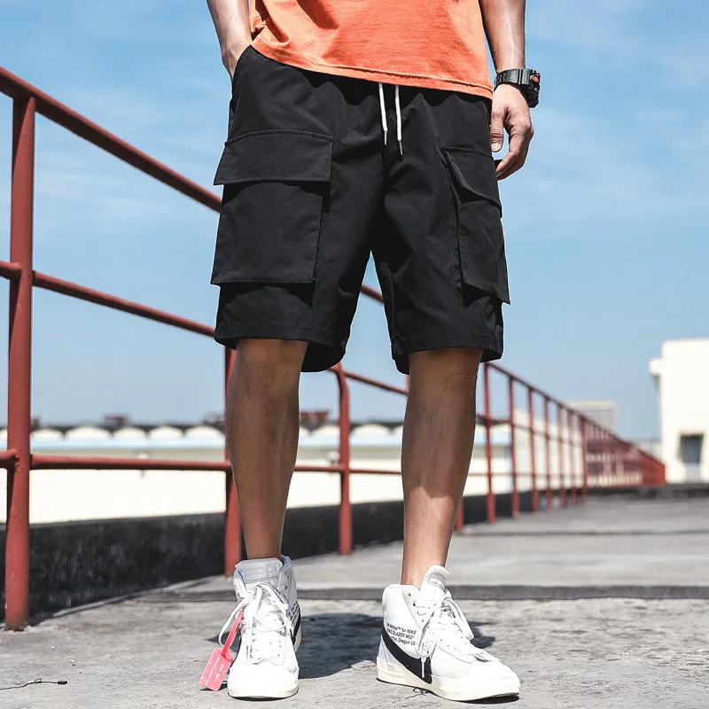 Cargo Shorts Men Casual Shorts with Pockets Drawstring Beach Shorts Men's Straight Short Pants Multi-pocket Summer Clothing