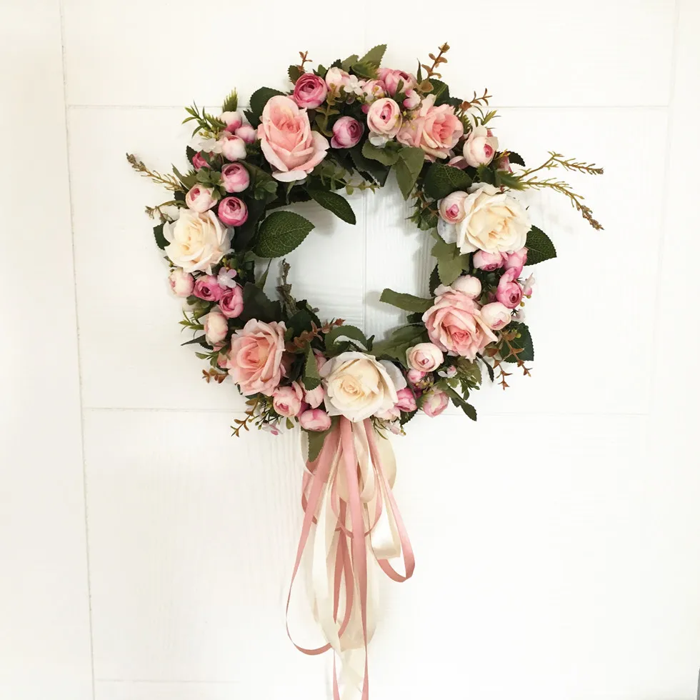 Beautiful Wedding Party Home Decor Artificial Rose Flowers Wreath Round Heart Shape Floral Loop For Wall Door Hanging Decoration