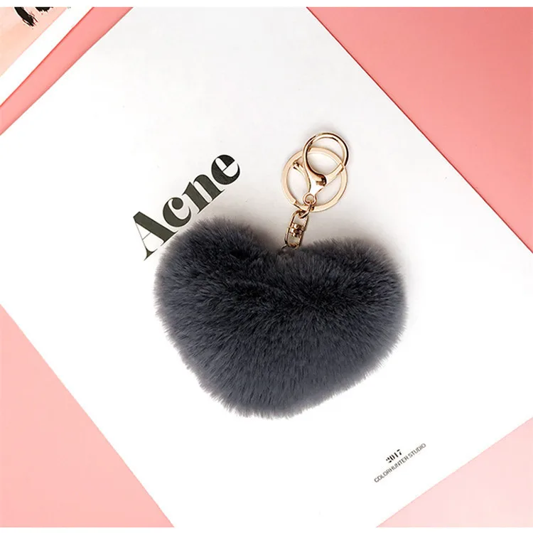 Love imitation rex rabbit fur plush ornaments diy mobile phone shell key chain pendant accessories love hair ball keychains - Цвет: dark grey
