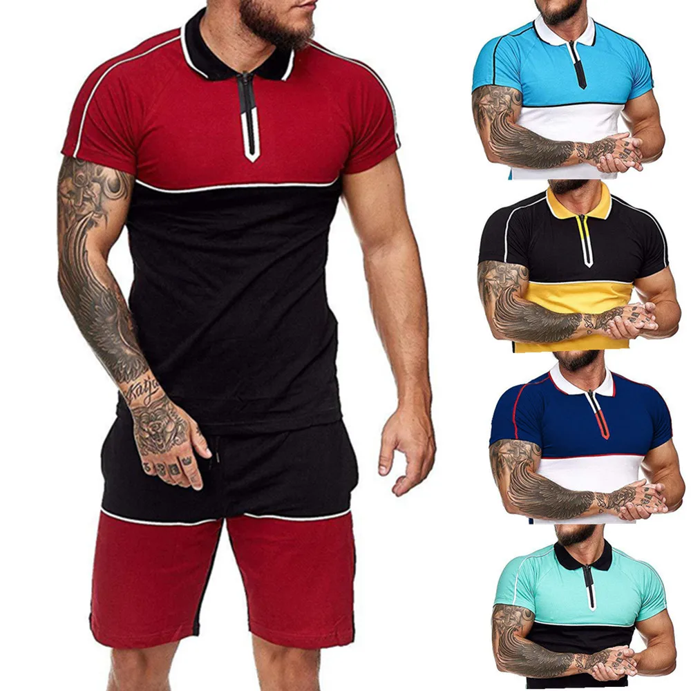 

Men Sport Suit Color Matching Casual Short Sleeve T-Shirt Summer Plus Size Slim Fit Muscle Sportswear Men's Sweatsuit Tracksuit