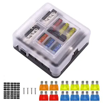 

6 Way Fuse Box Blade Fuse Block Holder Screw Nut Terminal W/Negative Bus 5A 10A With LED Indicator Light Blade Fuse Box