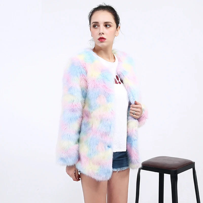 Winter Women Colorful Faux Fur Coat Thicken Warm Female Fake Coats Jackets Gradual Color Artificial Fox PC287 | Женская одежда