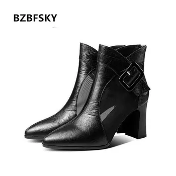 

2020 Soft Leather Mesh Sandals Boots Women's High Heeeld Summer Boot Pointed toe Woman Buckle Shoes Thick heel Back Zip Black