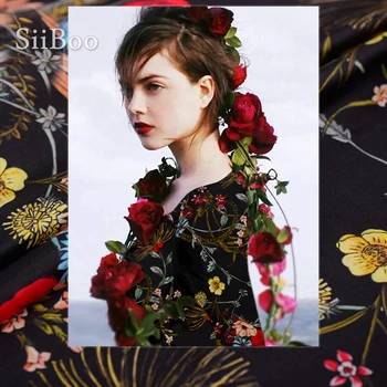 

Black with floral print 100% natural silk chiffon fabric for dress telas de chiffon tissu stoffen telas de seda 6mm SP4597