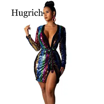 

Rainbow Sequin Kimono Wrap Dress Women Autumn Winter Long Sleeve V Neck Elegant Sexy Ladies Sparkly Party Dresses with Sashes